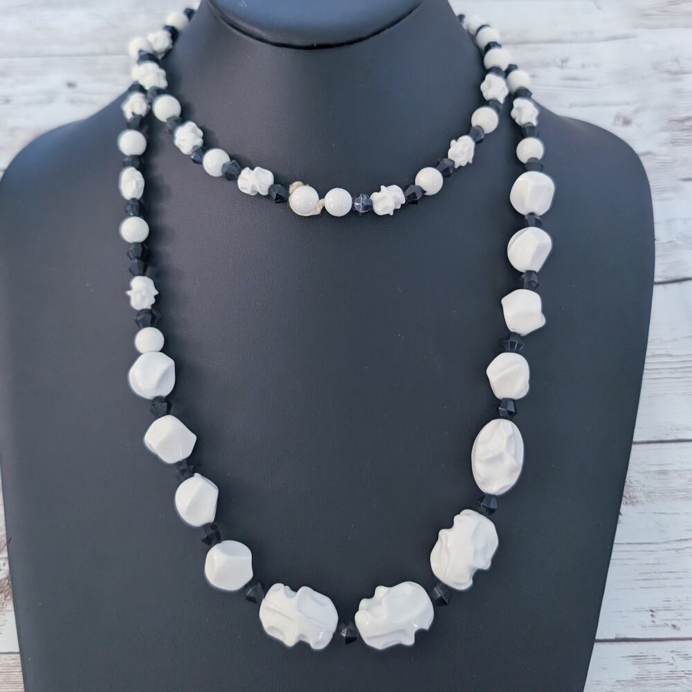 Vintage Necklace Statement Unusual Cream & Black Very Long Can Be Layered